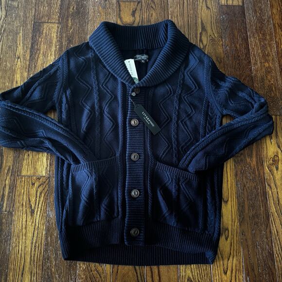 New Liverpool Mens Medium Cable Shawl Collar Cardigan Fisherman Navy Sweater - Picture 5 of 16